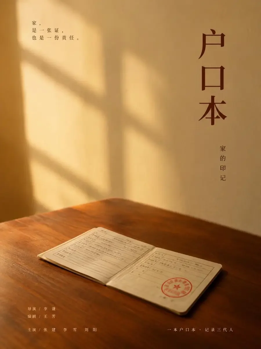 《离开十八年后的户口簿》封面，木桌上的旧户口簿与红印章